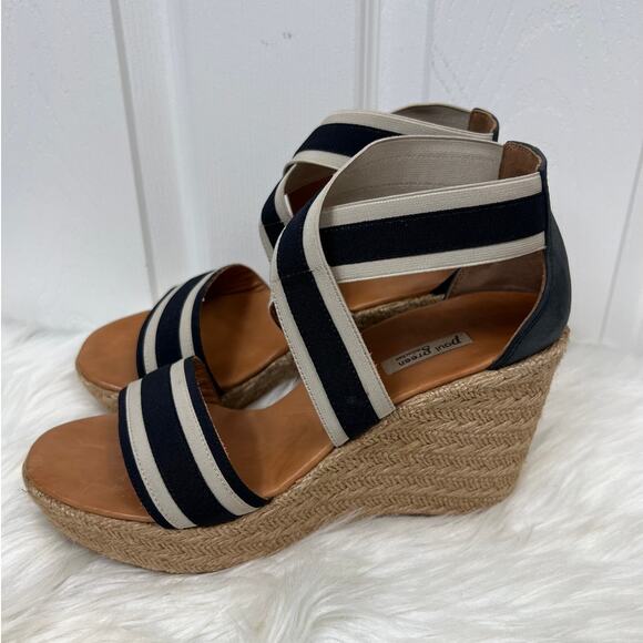 Paul Green Navy & Beige Striped Crisscross Espadrille Sandal Wedges 9.5 - Picture 2 of 7